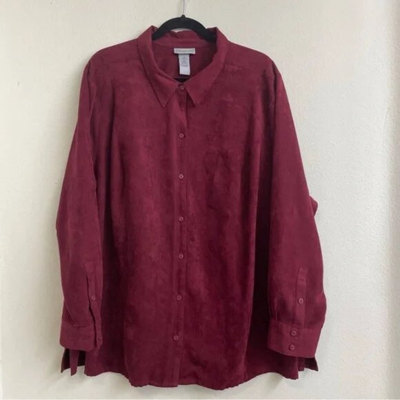 Catherines Top Womens 3X (26W /28W ) Burgundy MicroSuede Button Up Shirts Comfy - Picture 1 of 6